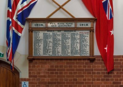 1914–1918 roll of honour memorial between the New Zealand and Union flags