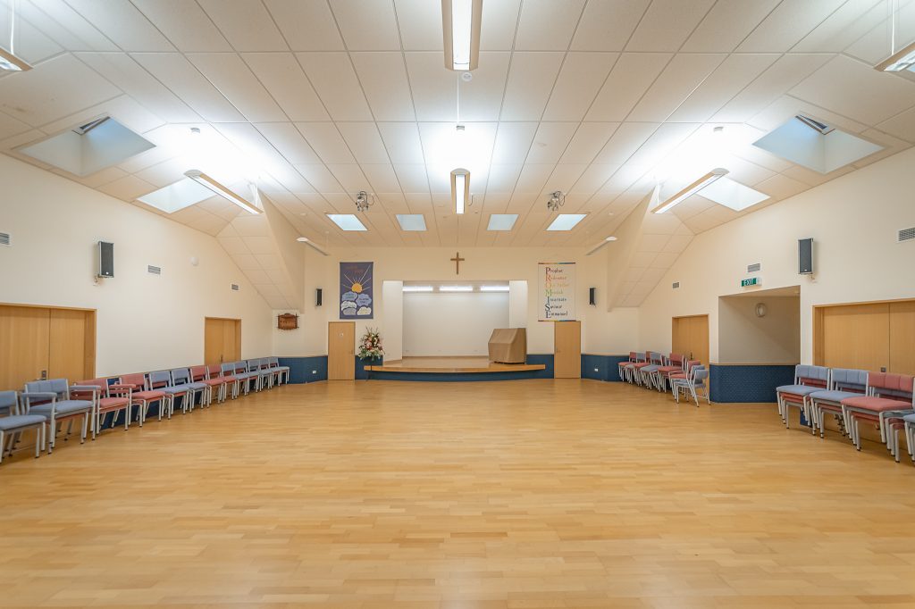 The worship centre and hall, an open space seating 130 to 150 people