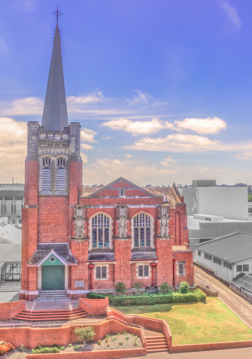 St Paul's Presbyterian Church, Whanganui — the brick church and spire from above